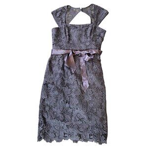 Adrianna Papell Formal Dress Lace Cap Sleeve Ribbon Belt Lavender Grey Size 8